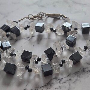 Beautiful Raw Clear Crystal & Hematite Beaded Artisan Necklace